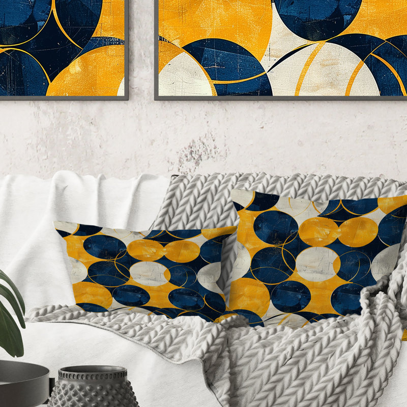 Coussin lombaire rétro bleu et jaune Midcentury Circles II