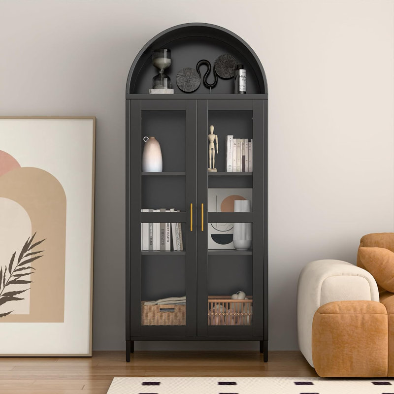 Metal Arch Display Cabinet With Led Strip, Modern Arched Storage Cabinet With Glass Doors,2 Adjustable Shelves For Home, Office, Assembly Required, Black