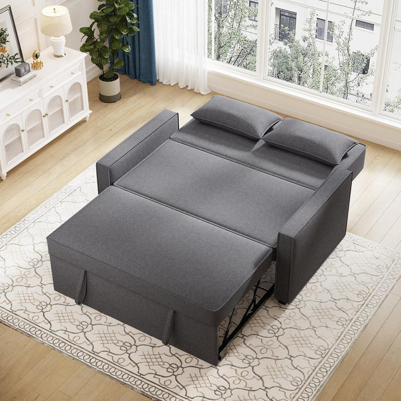 Modern Linen Upholstered Reclining Sleeper Sofa Bed, Dark Gray