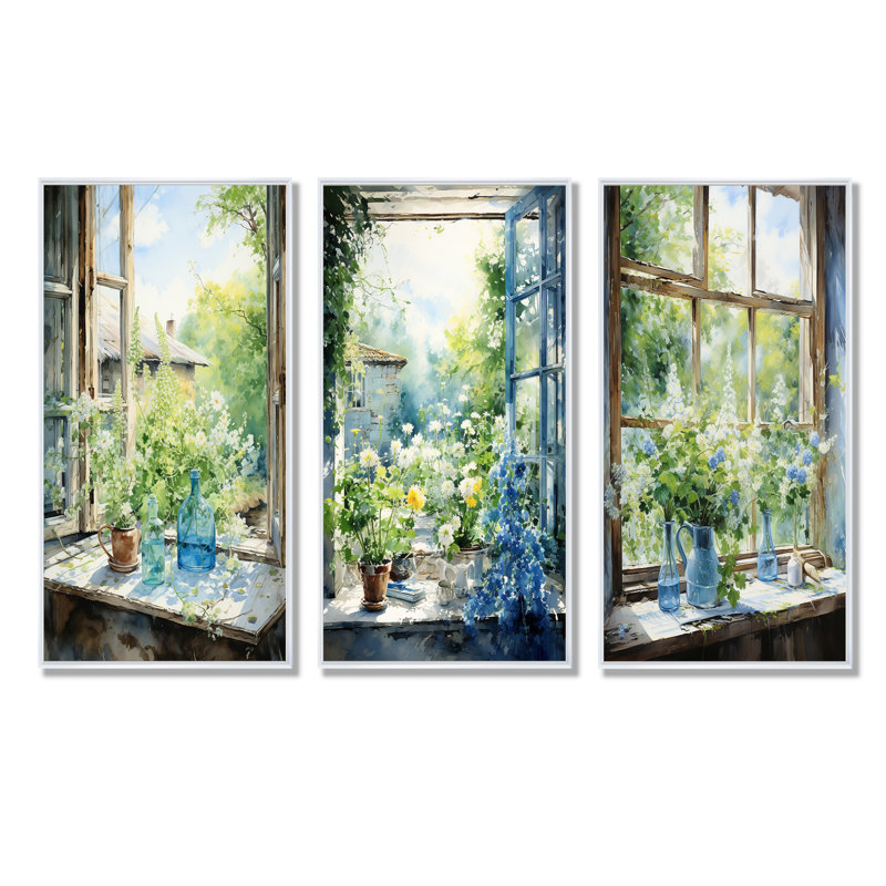 Ensemble de 3 fenêtres vertes et bleues, H 28 po x l 36 po, Cadre flottant blanc