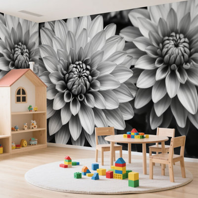 Wall Mural Peel and Stick Wallpaper monochrome bouquet dahlia flowers black white Self-Adhesive Removable Contact Paper Wall Decor for Living Room Bedroom 100"H x 144"W