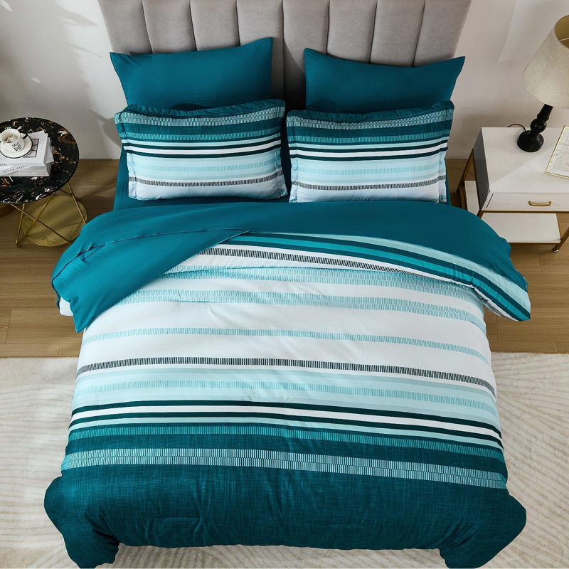 7-Piece Boho Striped Comforter Set All Season Microfiber Bed in a Bag, Teal Striped, Queen Comforter + 6 Additional Pieces