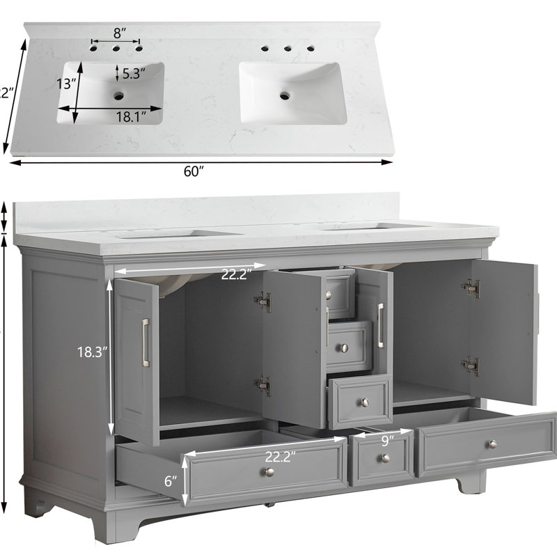 Meuble-lavabo de 60 po entièrement assemblé, structure en bois d'hévéa massif, système de fermeture en douceur, marbre d'ingénierie épais de 1 2/5 po, gris, style américain, double construction 60 po, portes fermées avec