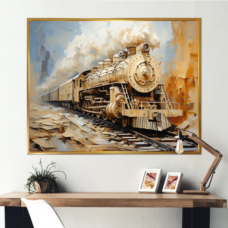 Rêve de train rétro blanc sur toile, Cadre flottant doré, H 30 po x l 40 po x P 1,5 po