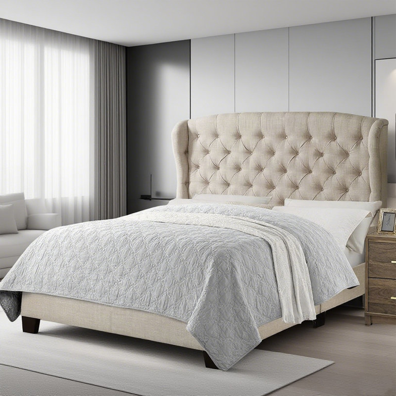 Fabric Upholstered Bed,Tufted Headboard Adjustable Height Bed Frame, Beige, Twin