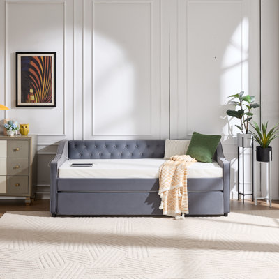 Velvet Upholstery Daybed with Trundle,USB Port ,Side Pockets by Rosdorf Park