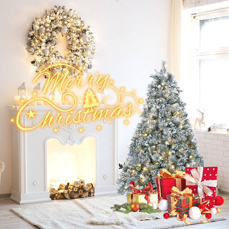 Arbre de Noël enneigé 4 pi avec aiguilles de pin et feuilles d'eucalyptus, 150 lumières DEL blanc chaud, 404 pointes, branches articulées, base en métal