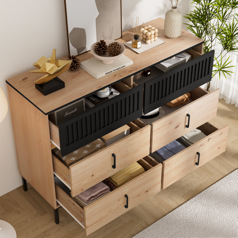 Bamboo Wood 6 Drawer 46.3" W Double Dresser, Black