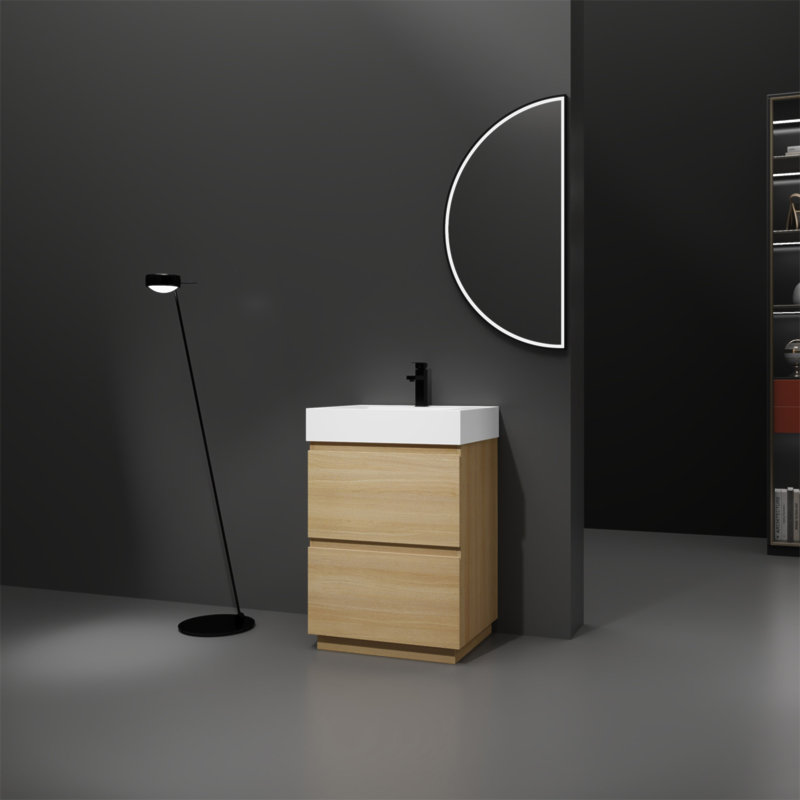 Meuble-lavabo moderne de 24 pouces avec lavabo simple, double tiroir et bois d'ingénierie imperméable pour un rangement efficace et un entretien facile