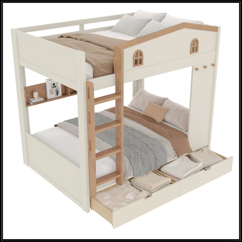 Lit superposé double sur double avec tiroirs et tablettes de rangement, fabrication en bois massif, aucun sommier nécessaire, beige et naturel