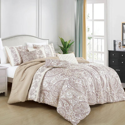 Ensemble d'édredon 7 pièces beige et brun à motif cachemire
