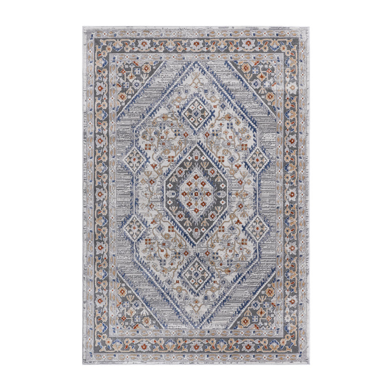 Bungalow Rose Vereen Collection Blue/cream/bordered Non-shedding Living Room Bedroom Dining Home Office Stylish And Stain Resistant Area Rug