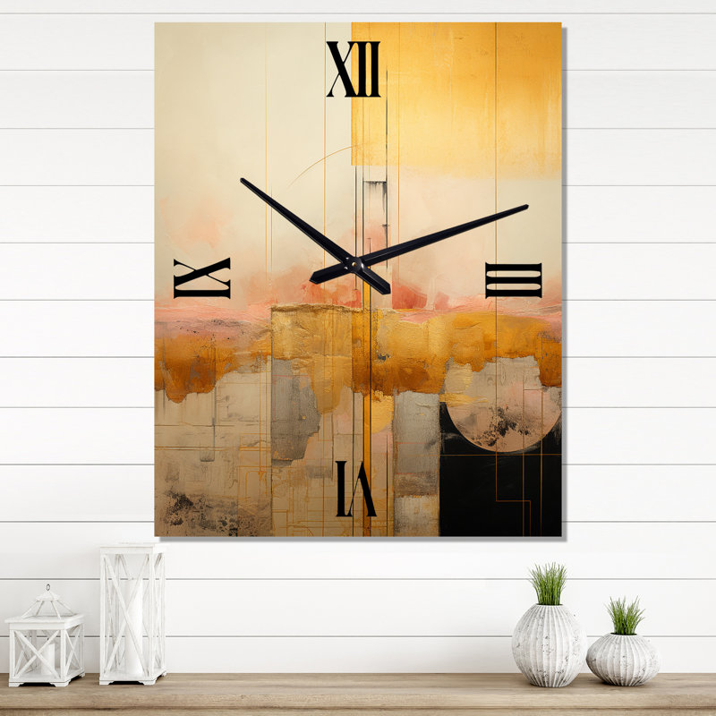 Golden City Dreams Retro Illustration V - Très grandes horloges murales géométriques modernes, H 32 po x l 24 po x P 1 po