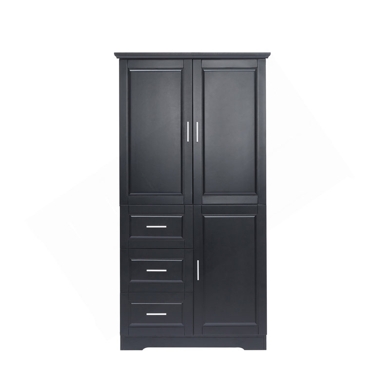 Tall And Wide Storage Cabinet With Doors For Bathroom/Office, Three Drawers, Black