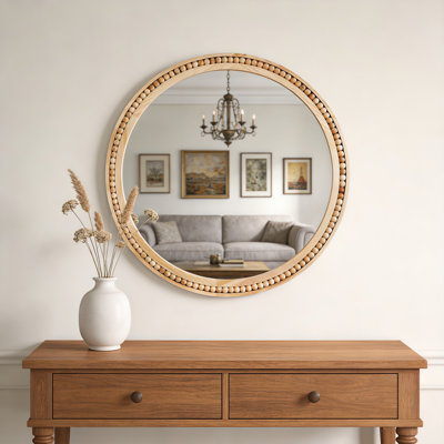 Round Wall Mirror with Beaded Solid Wood Frame, Rustic Farmhouse Decor Mirror for Entryway, Bathroom & Living Room