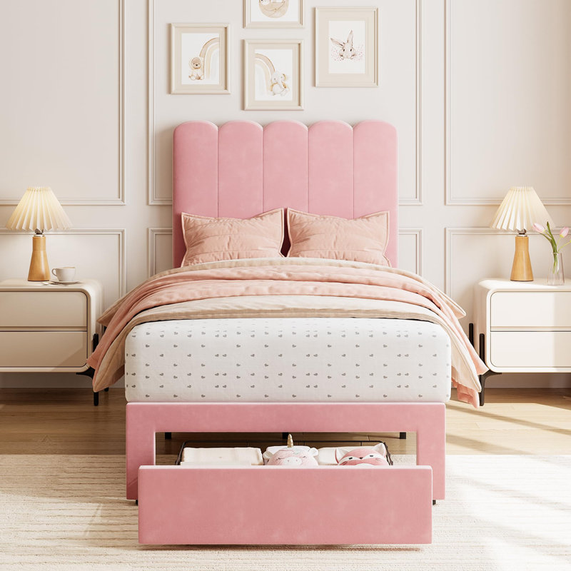 Twin Bed Frame with Under-Bed Drawer, Upholstered Platform Bed with Wave Headboard for Kids/Girls, Twin, Pink/Velvet