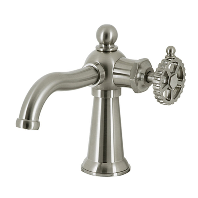 Kingston Brass Fuller Single-Handle 1-Hole Deck Mount Bathroom Faucet with Push Pop-Up, Wheel, Brushed Nickel