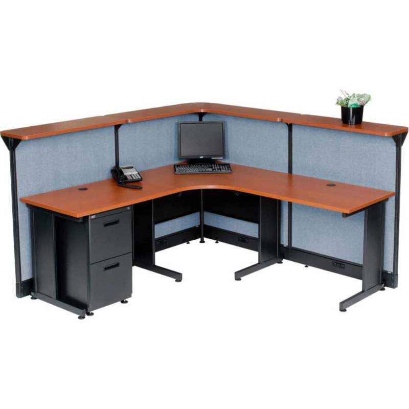 L-Shaped Synthetic Laminate Reception Desk with Power Outlet, Blue
