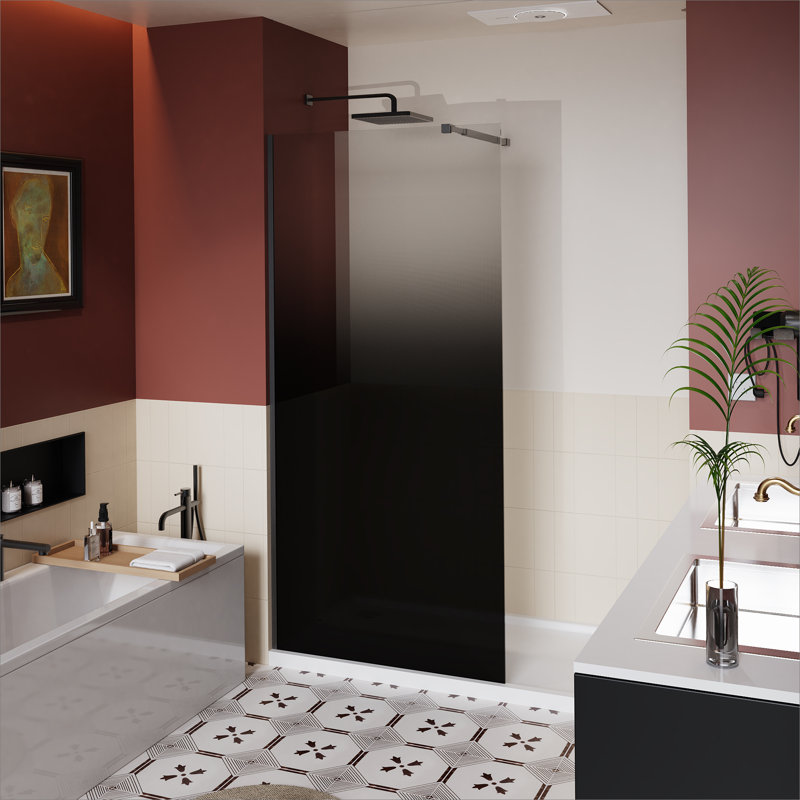 Porte de douche 34 po x l 72 po H fixe, porte de douche en verre trempé noir dégradé de 1/4 po d'épaisseur avec poignée en acier inoxydable pour douche à l'italienne