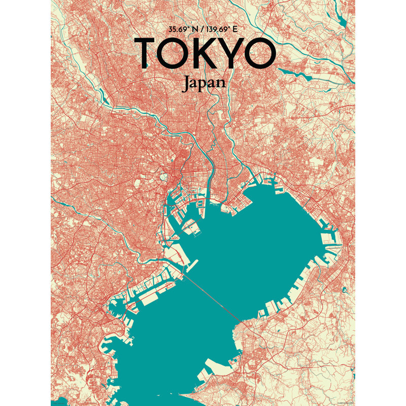 « tokyo city map », reproduction d’impression sur affiche en tricolore, H 17 po x l 11 po