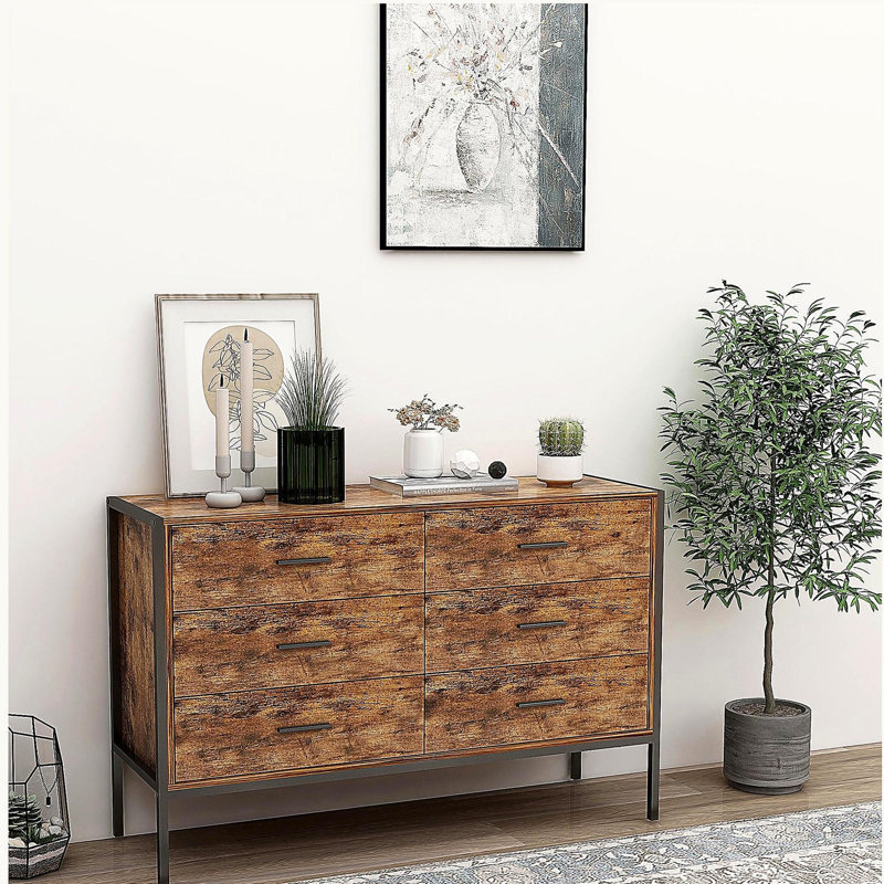 Commode double à 6 tiroirs de style industriel avec rangement en bois brun rustique et structure en acier robuste, commode à 6 tiroirs, armoire de rangement pour la chambre à coucher et le salon
