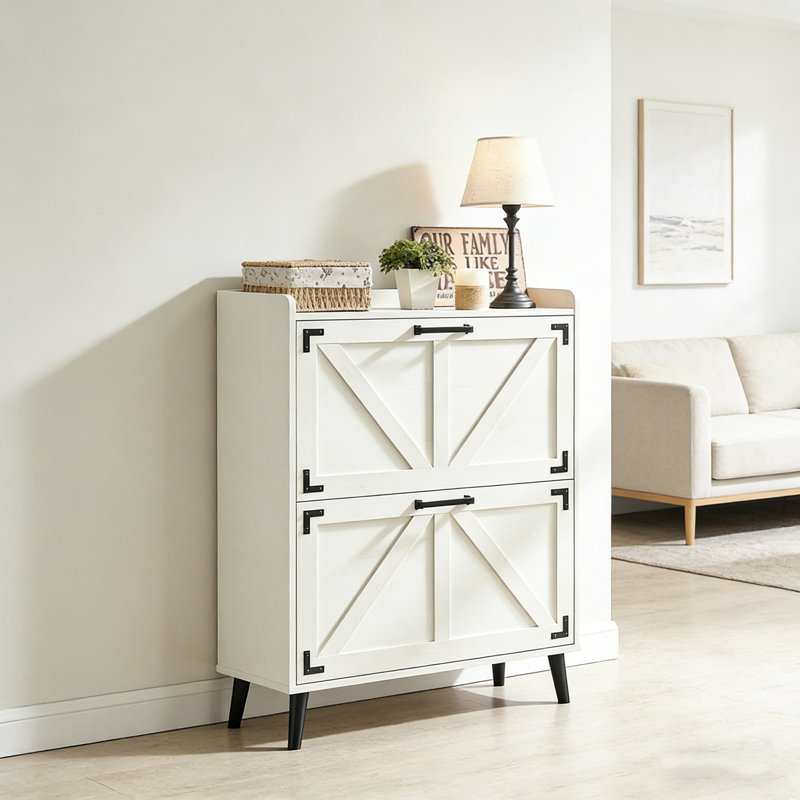 Farmhouse Hidden Shoe Cabinet With 2 Flip-Drawers, White