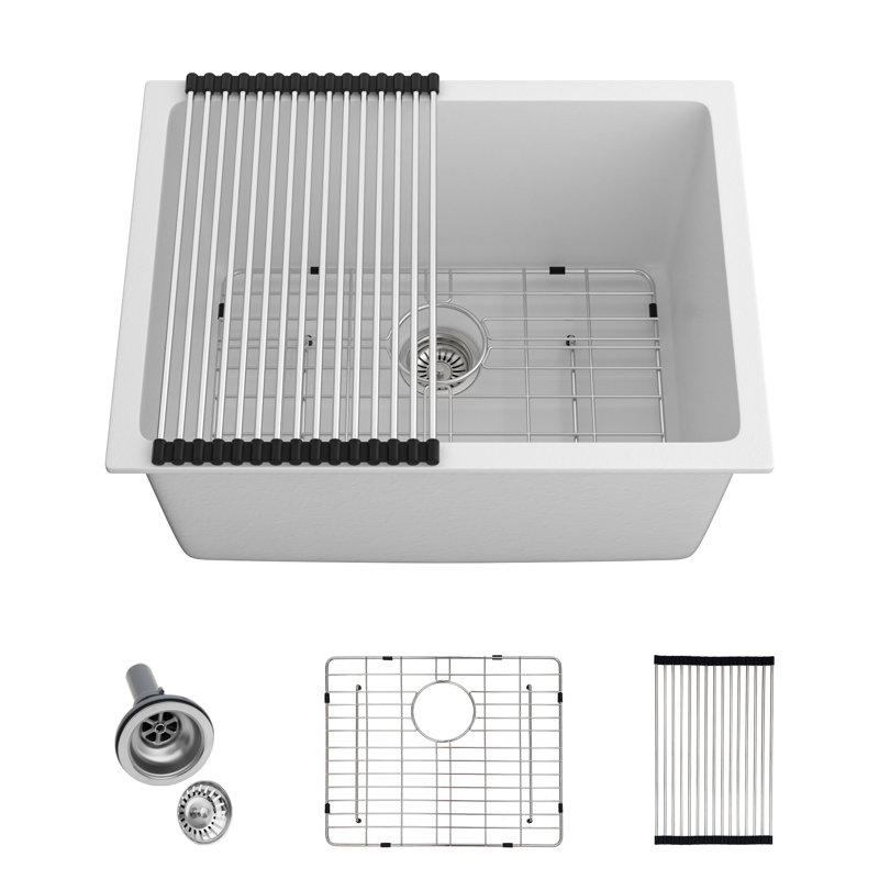 24"Lx18"W Quartz Laundry Sink Deep Single Bowl Granite Composite Utility Sink For Washing Room., Black