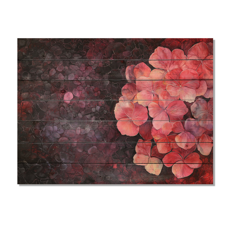 Aura fleurie d'hortensia I - Art mural traditionnel en bois sur bois de pin naturel, H 34 po x l 44 po x P 0,78 po