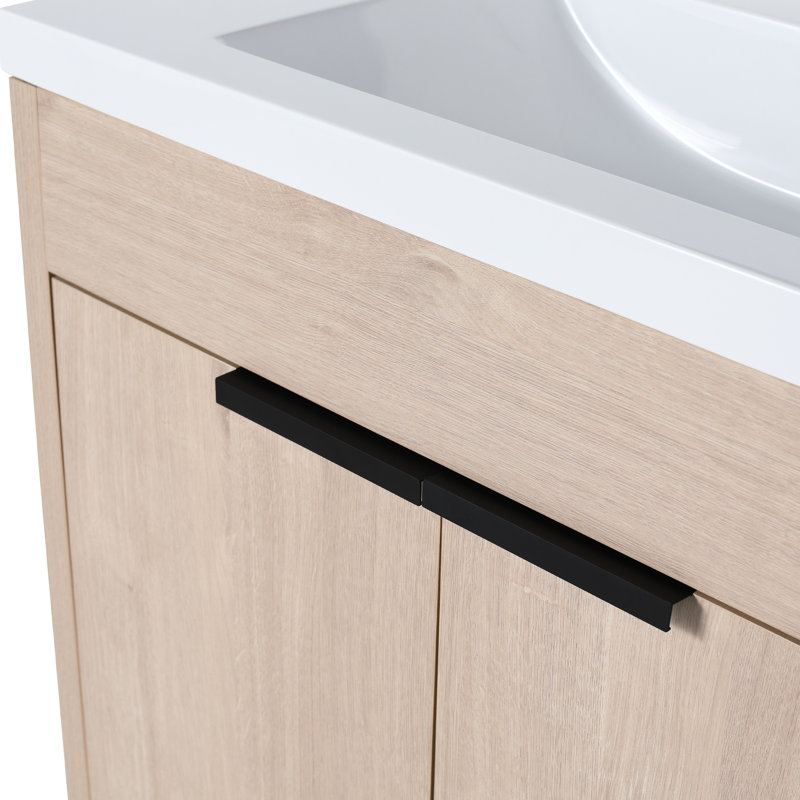 Meuble-lavabo de salle de bain avec lavabo en résine blanche inclus. 30 pouces autoportantes, 2 portes d'armoire. Contreplaqué, tablette réglable. Poignées en métal. Étagère autoportante en chêne clair 30 po. Portes à fermeture en douceur,
