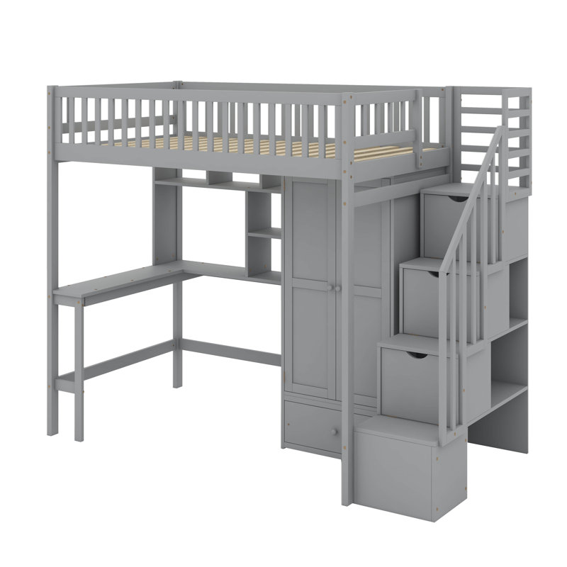 Lit mezzanine simple avec bibliothèque, tiroirs, bureau et garde-robe, Gris