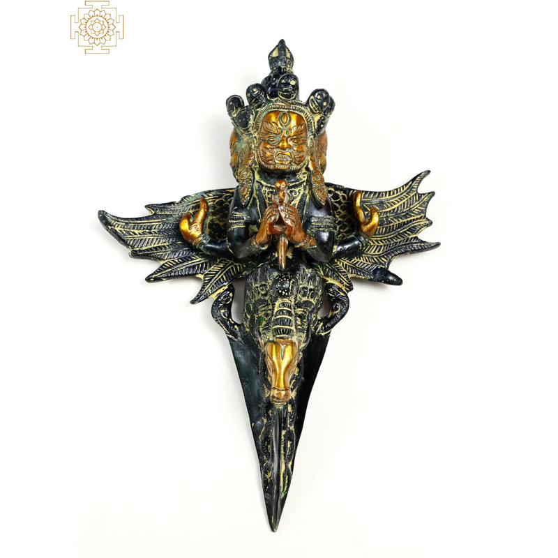 Statue bouddhiste tibétaine Mahakala Phurpa à trois têtes Naseerah, Vert / or