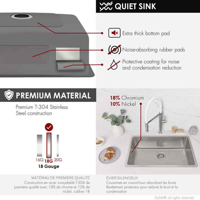 Évier de cuisine à cuve simple en acier inoxydable 27 "avec grille et crépine Olite