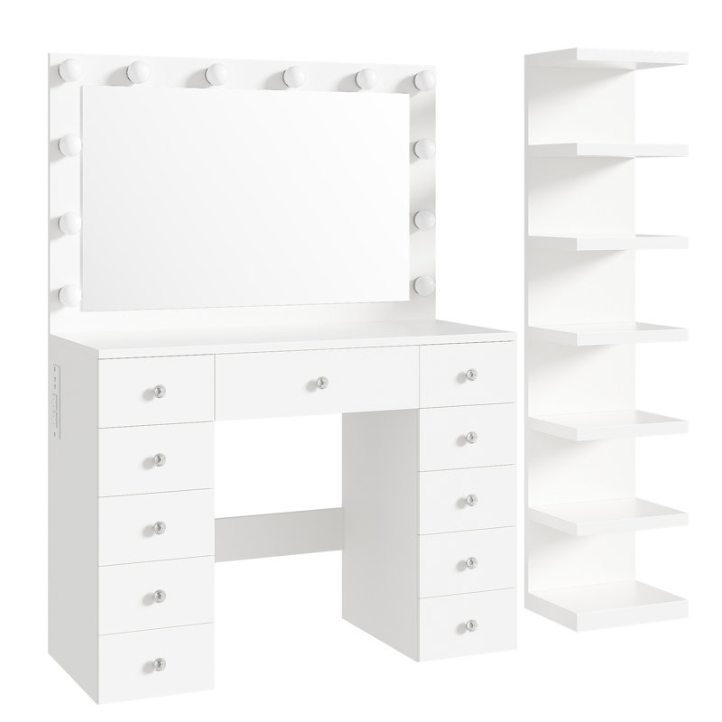 Meuble-lavabo avec 11 ampoules Hollywood et 7 tablettes de rangement à 7 niveaux, bureau de maquillage avec prise de courant et 11 tiroirs, 3 modes d'éclairage couleur, coiffeuse avec poignées en cristal, blanc