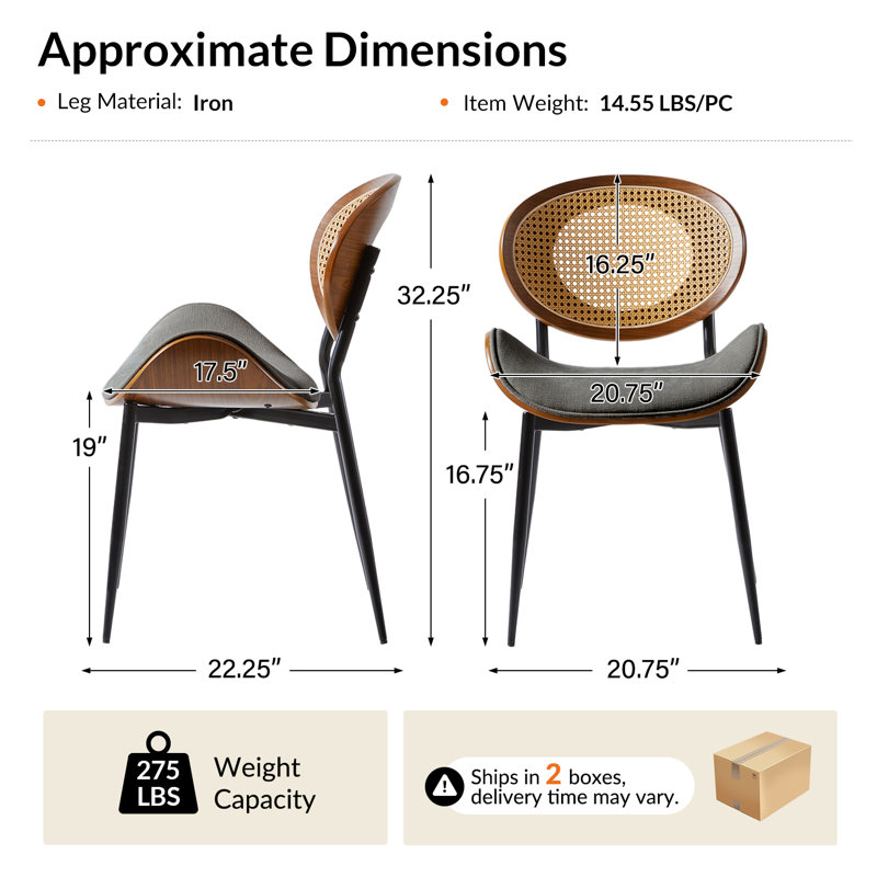 Pateley Mid-Century Modern Rattan Dining Chair Set, 2, Dark Gray