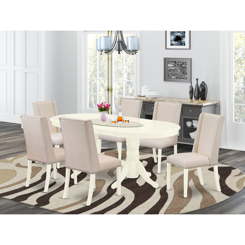 7 Piece Dinette Set consists of an Oval Dining Room Table with Butterfly Leaf and 6 Cream Linen Fabric Upholstered Parson Chairs, Linen White