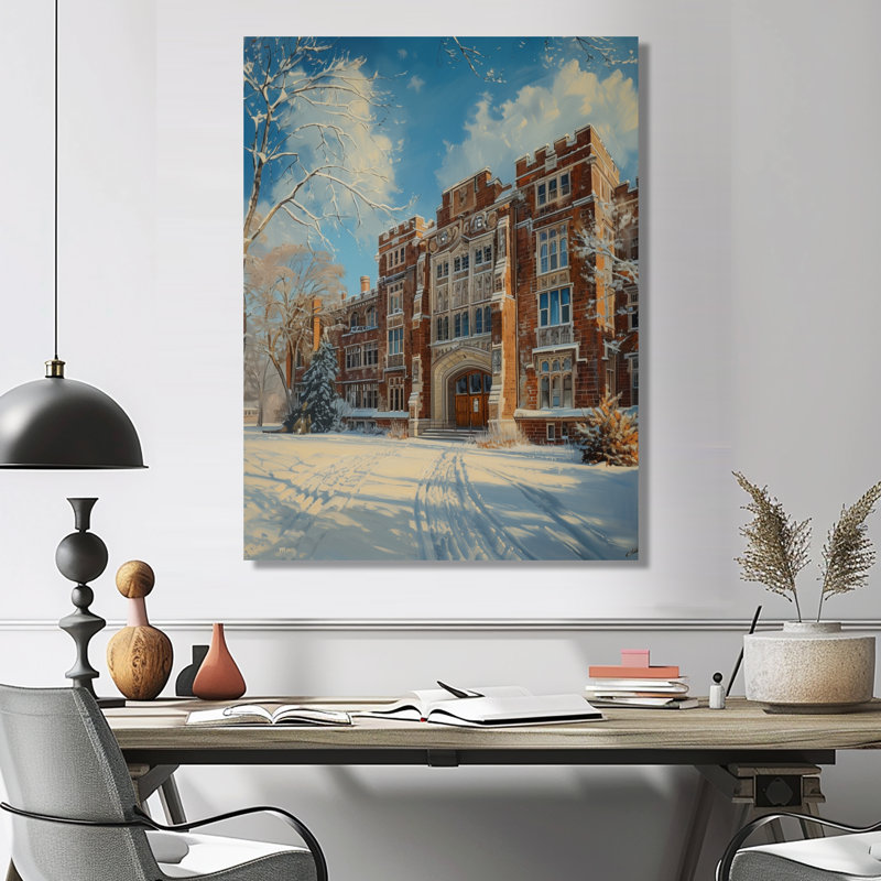 «Blue Brown Campus Building In Winter - College & University Buildings», impression d'art mural, Toile tendue