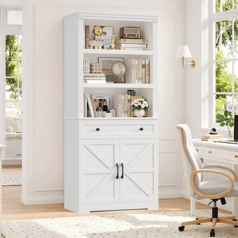72"H 30"W Standard Bookcase with Open Bookshelves and Drawer, Farmhouse Bookshelf with Storage, Floor Standing 6 Shelf Display Storage Cabinet