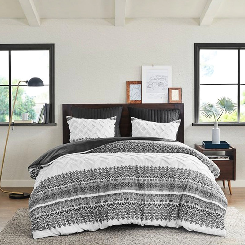 Housse de couette très grand / très grand en coton avec chenille, imprimé, décor, fermeture à boutons, 4 attaches de coin, lavable à la machine et 2 taies décoratives 3, mise à jour, style, coins à boutons