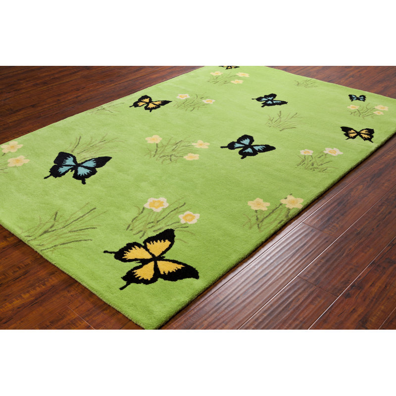 Ailey Hand-Tufted Handmade Butterfly Garden Design on Green Wool Area Rug