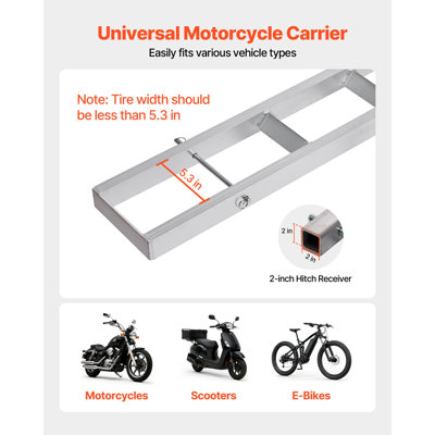 Porte-moto robuste en aluminium, capacité de 181 kg, avec rampe de chargement de 185 cm, sangles et stabilisateur. Compatible avec les voitures et les camions munis d'un attelage de 5 cm.