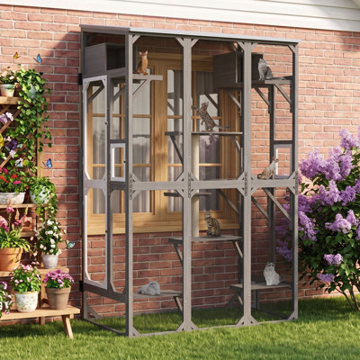 99.2" Large Catio Outdoor Cat Enclosure with Finer Mesh, Window Cat Enclosure Walk-In & Expandable Design, Removable Weatherproof Oxford Roof, 9 Platforms, 2 Resting Rooms, Cat Capsule, Scratching Post