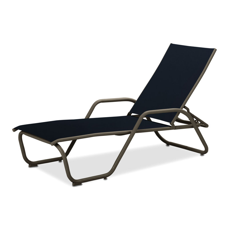 Outdoor Rust-Resistant Metal Chaise Lounge, Navy 13D Sunbrella®, Textured Beachwood