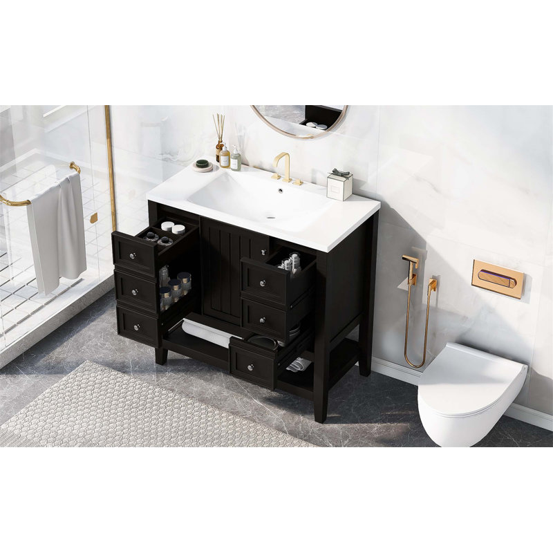 Meuble-lavabo moderne de 36 pouces avec lavabo, armoire et trois tiroirs en bois massif et panneau de fibres à densité moyenne