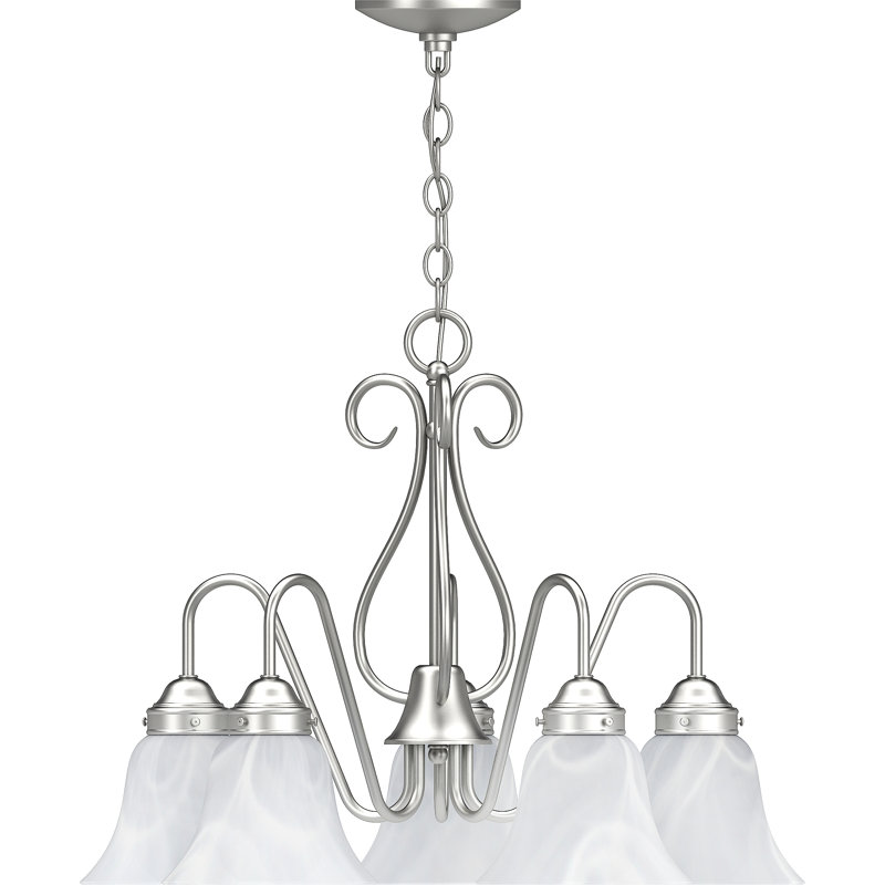 V2355 Pitkin 5-Light Shaded Classic/Traditional Chandelier with Alabaster Glass Bell Shades, Brushed Nickel