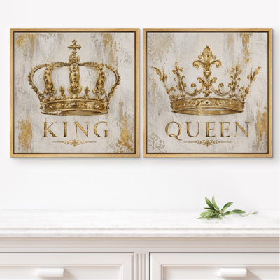 Gold Crown Luxury Royal Couple Set Framed Canvas Master Bedroom Wall Art Work 2 Pieces Print