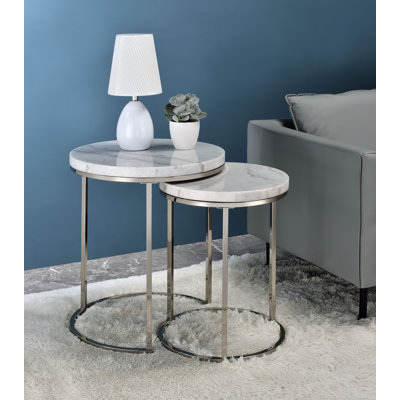 Matzen Contemporary Nesting Table Set with Natural Marble Top in Nickel