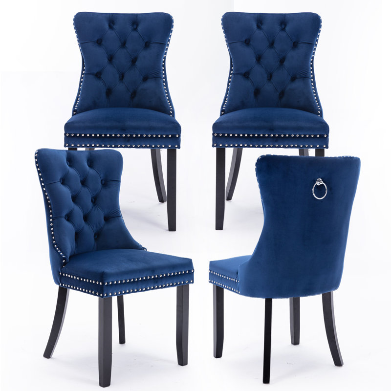 Velvet Fabric Upholstered Dining Chairs Set of 4,Blue, Natural Wood, Blue
