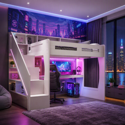 Gaming Loft Bed with Storage Stair & Open Headboard Shelves, LED Light & USB Charging Desk, Elevated Loft Bed Frame with House-Shaped Cutout Design for Gamers