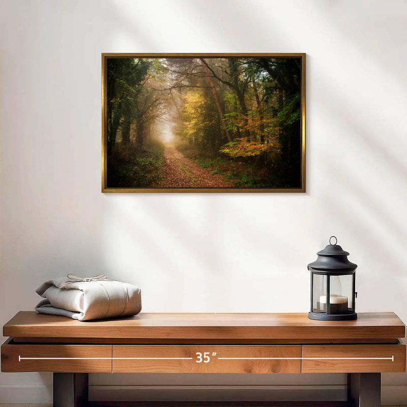 Chemin dans la forêt d'automne, 19 po x 13 po, Cadre flottant doré