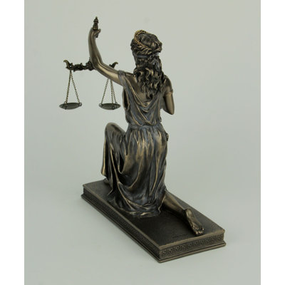 Cold-cast bronze Lady Justice statue with grey wash, gold accents and scales, 9.5 inches high